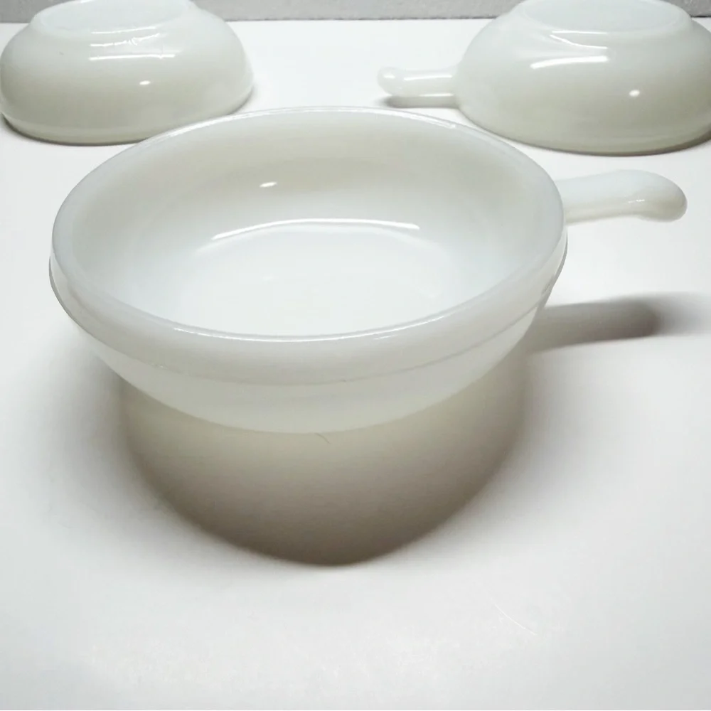 Vintage Glasbake Milk Glass 5” Bowls with Handle Set of 3